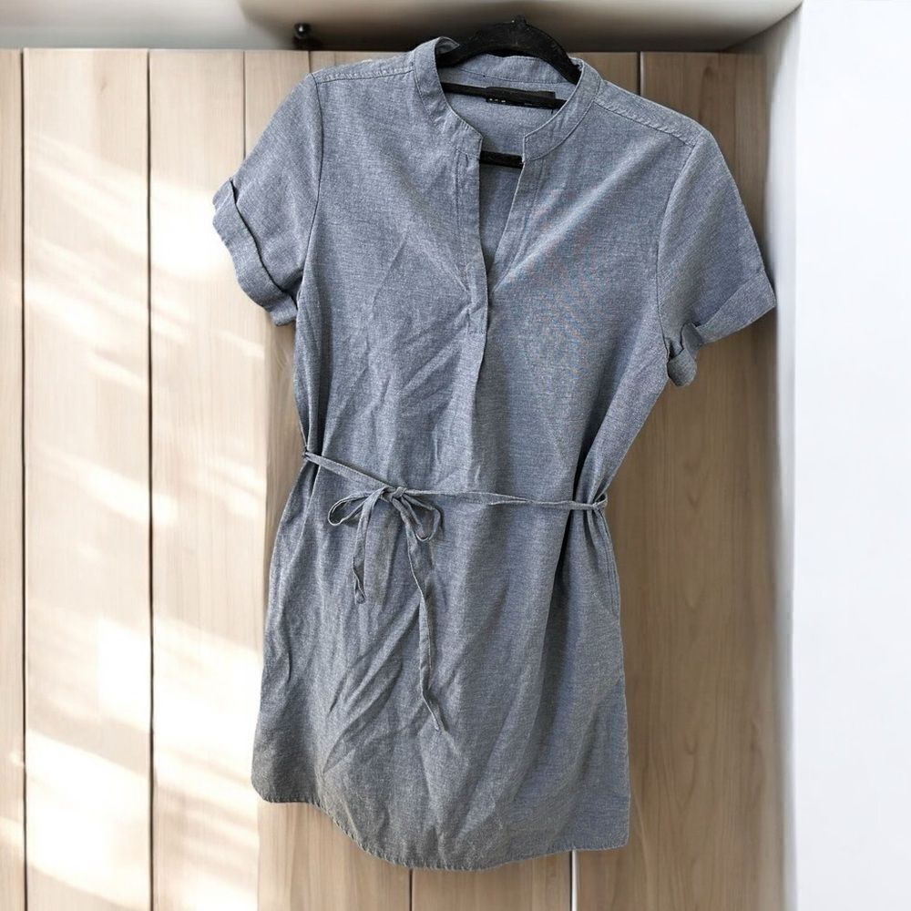 Zara Z Basic Shirt Dress Chambray Belted Size Small Blue